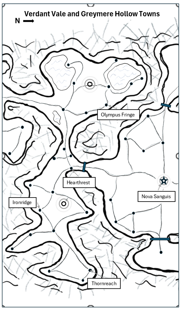 “Fantasy map of underground Mars showing Verdant Vale and Greymere Hollow towns from RJ Moxham’s Red Depths novels.