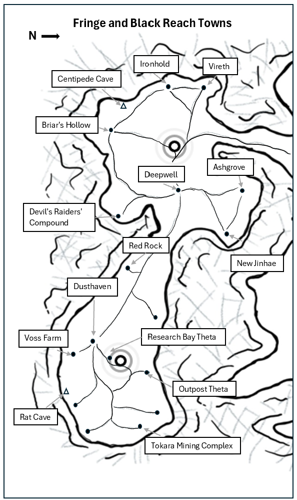 map of the Fringe and Black Reach caverns under Mars from the Red Depths Sci-fi novel series by RJ Moxham